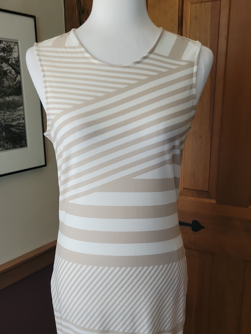 CALVIN KLEIN Sleeveless Beige & White Striped Stretch Sheath Dress